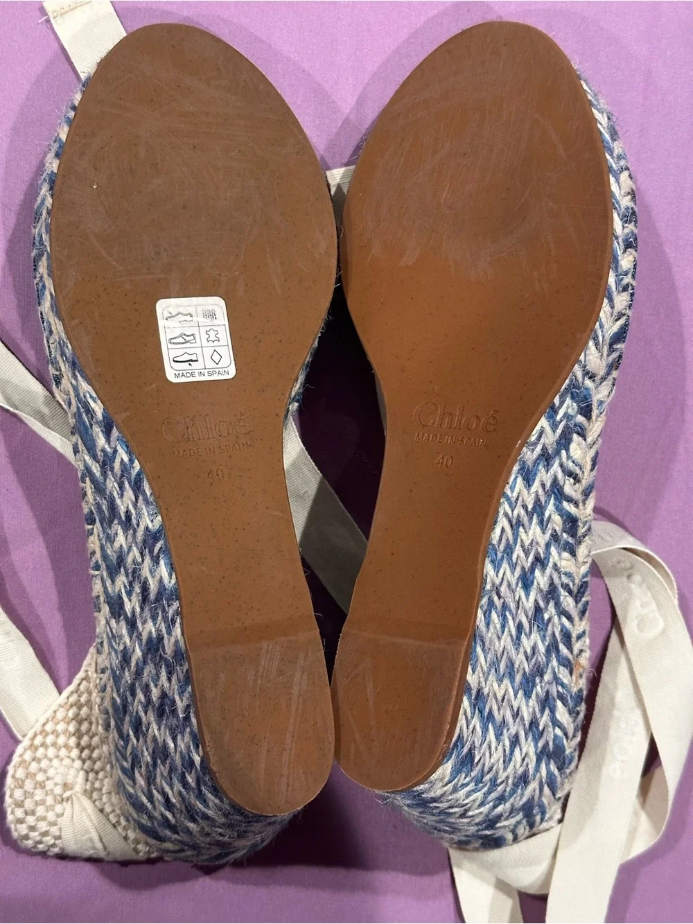 Chloe Blue Denim Espadrille Wedges with Cream Ankle Ties